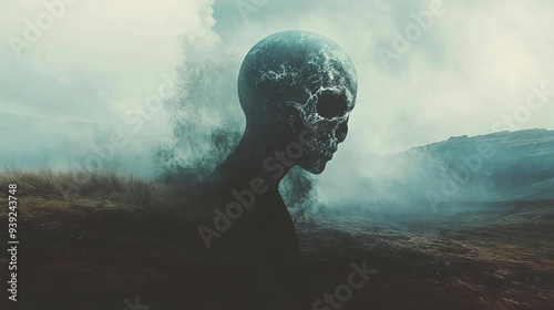 A surreal depiction of a skull-like figure blending with the misty landscape, evoking themes of mystery and introspection. photo