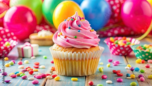 Vibrant pink and white cupcake sits atop a colorful flyer with confetti and balloons, surrounded by sweet treats and party decorations, evoking joyful celebration.