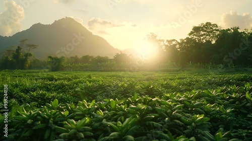 Sun-Drenched Green Field at Sunset