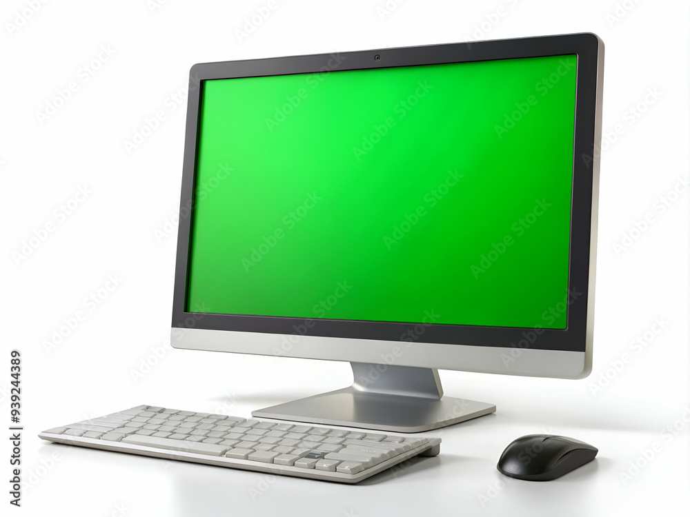 Desktop computer with green screen isolated on white background Desktop computer with green screen isolated on white background