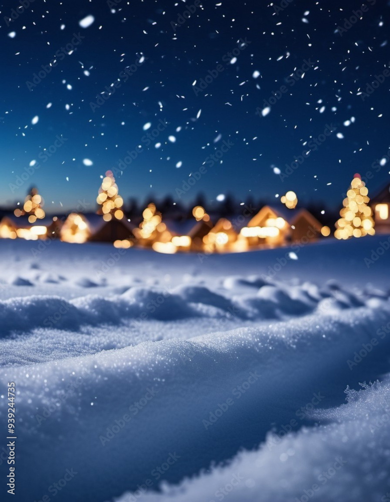 Naklejka premium Cute Christmas night landscape covered with fresh snow. Wonderful winter village. New Year Christmas atmosphere. Festive enchanting winter wonderland. Snowflakes, snowdrifts and hills. AI generated