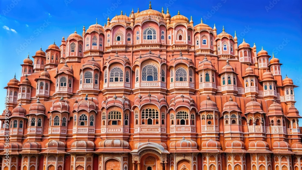 Vibrant pink sandstone architecture of intricately carved ornate facade of the iconic Hawa Mahal, a stunning ancient palace in Jaipur, India, against a blue sky. Vibrant pink sandstone architecture of intricately carved ornate facade of the iconic Hawa Mahal, a stunning ancient palace in Jaipur, India, against a blue sky.