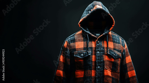 A black and orange plaid flannel shirt with a hoodie.