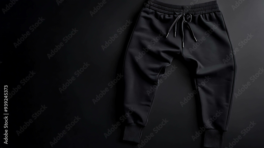 Black sweatpants with a drawstring waist and cuffed ankles against a black background. Black sweatpants with a drawstring waist and cuffed ankles against a black background.