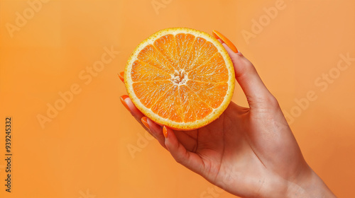 Photo of a female hand holding a delicious prange slice on a orange background and orange nails, with a pastel color tone, a mock-up concept for the summer season.