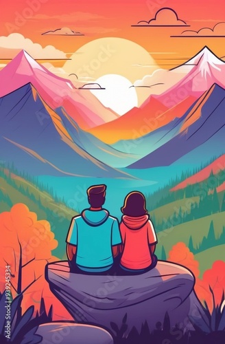 a couple of a man and a woman sitting next to each other with their backs, without a face, in the mountains against the backdrop of sunset, traveling together, family, love, romance, date, active recr photo