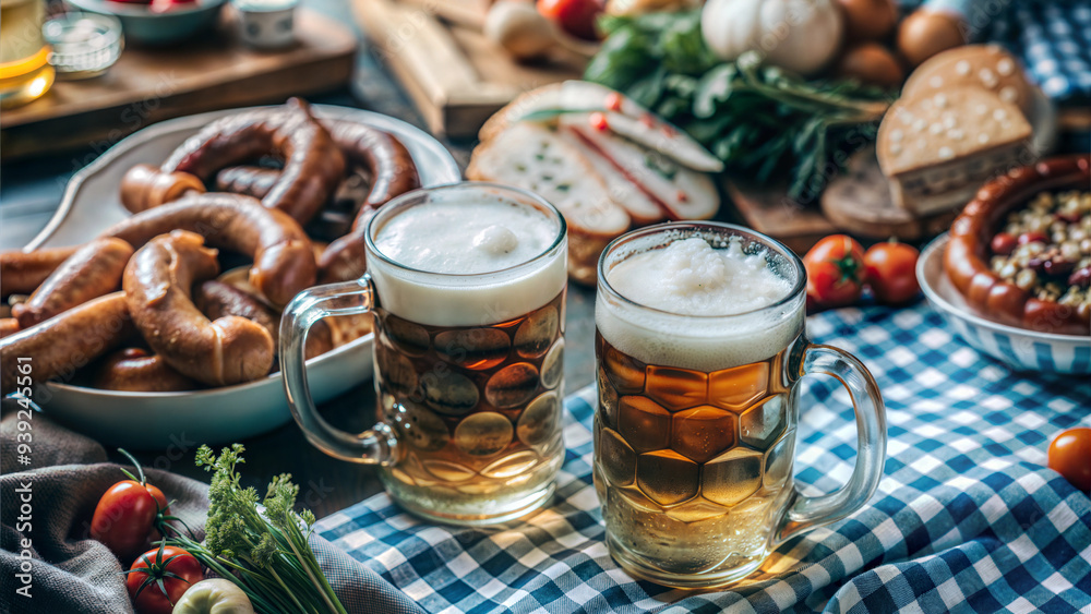 Glasses of beer with assorted snacks on tablecloth for outdoor picnic at Oktoberfest Glasses of beer with assorted snacks on tablecloth for outdoor picnic at Oktoberfest