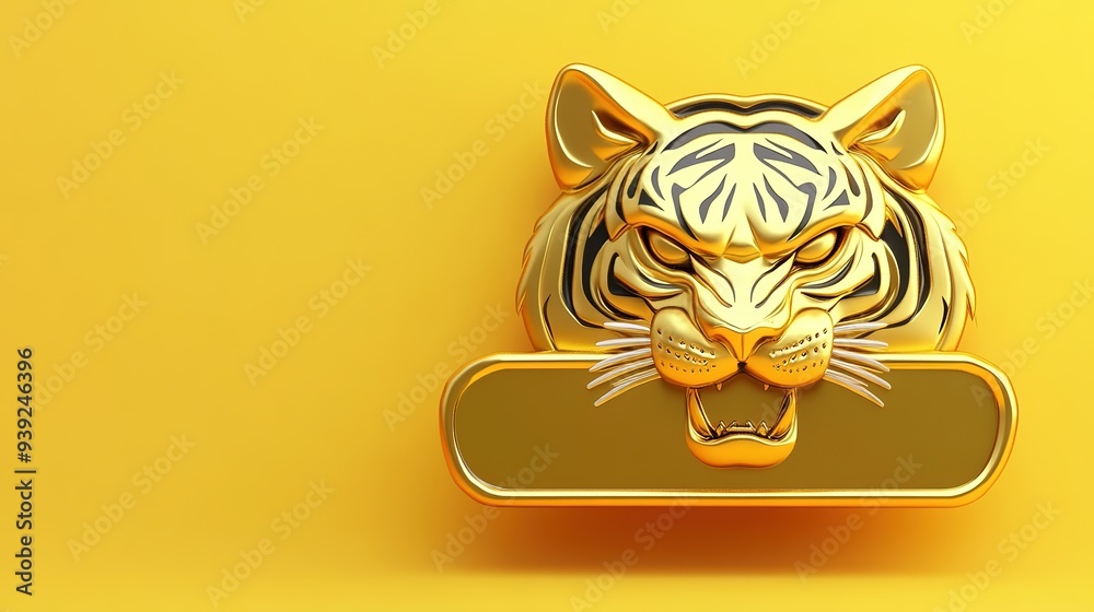 Q Version Cute Gold Metal Tiger Head Biting a Blank Rectangular Sign: A Charming Q Version Representation Featuring a Gold Metal Tiger Head with a Playful Expression Q Version Cute Gold Metal Tiger Head Biting a Blank Rectangular Sign: A Charming Q Version Representation Featuring a Gold Metal Tiger Head with a Playful Expression