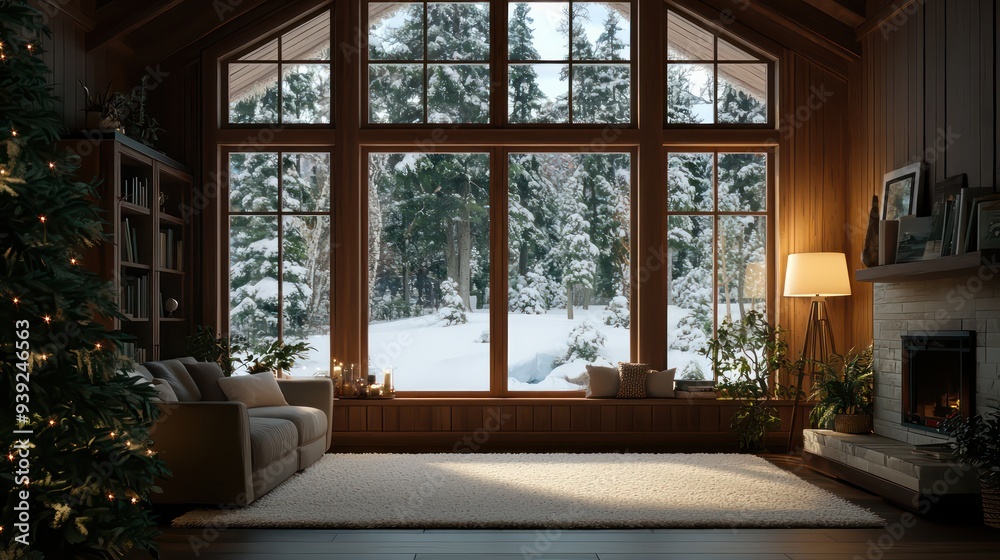 A cozy living room with a fireplace and a Christmas tree. The room is filled with natural light from the large windows, creating a warm and inviting atmosphere. The furniture, including a couch A cozy living room with a fireplace and a Christmas tree. The room is filled with natural light from the large windows, creating a warm and inviting atmosphere. The furniture, including a couch