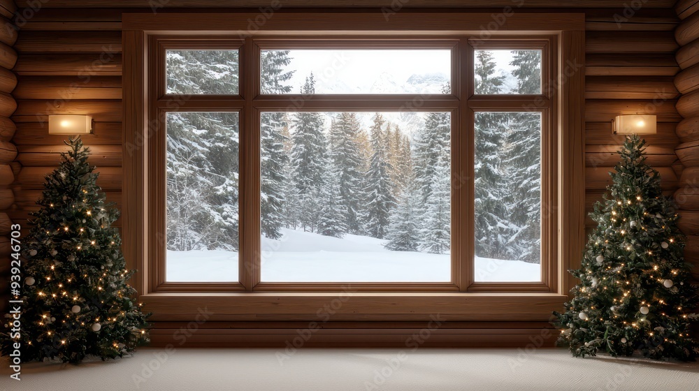 A window with two Christmas trees in front of it. The trees are lit up with lights and the window is open, letting in the cold winter air. The scene is cozy and festive, with the trees A window with two Christmas trees in front of it. The trees are lit up with lights and the window is open, letting in the cold winter air. The scene is cozy and festive, with the trees