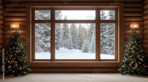 A window with two Christmas trees in front of it. The trees are lit up with lights and the window is open, letting in the cold winter air. The scene is cozy and festive, with the trees