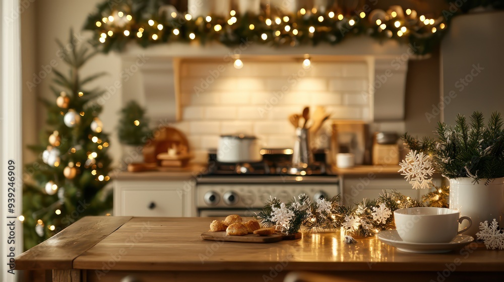 A kitchen with a Christmas tree and a table with a plate of cookies and a cup of tea A kitchen with a Christmas tree and a table with a plate of cookies and a cup of tea