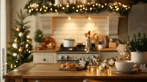 A kitchen with a Christmas tree and a table with a plate of cookies and a cup of tea