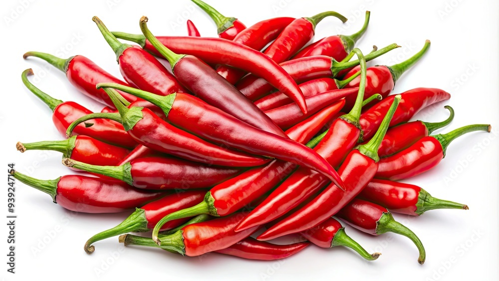 Vibrant red chillies, varying in shape and size, are arranged in a artistic composition, isolated on a white background, showcasing their bold color and spicy charm. Vibrant red chillies, varying in shape and size, are arranged in a artistic composition, isolated on a white background, showcasing their bold color and spicy charm.