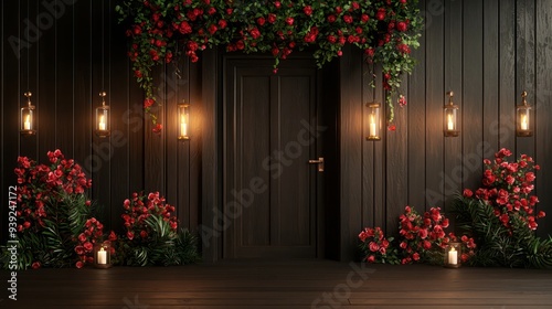 A black room with a door and a wall of red flowers. The room is lit by candles and lanterns