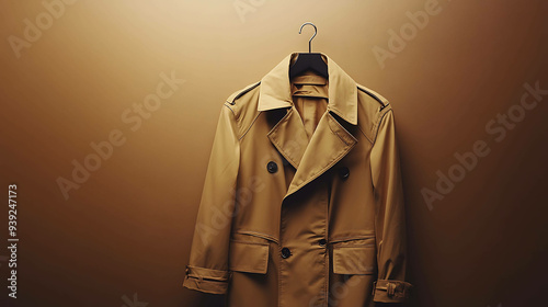 A tan trench coat hangs on a hanger in front of a brown background. photo