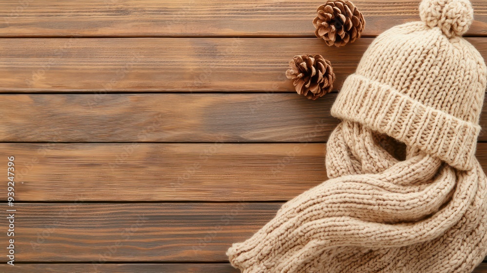 A hat and scarf are on a wooden table. The table is made of wood and has a natural, rustic feel. The hat and scarf give off a cozy, warm vibe A hat and scarf are on a wooden table. The table is made of wood and has a natural, rustic feel. The hat and scarf give off a cozy, warm vibe