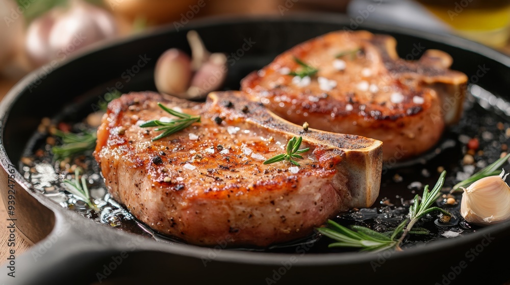 Two juicy and perfectly grilled pork chops seasoned with fresh herbs in a cast iron skillet, ready to be served for a delicious meal. Two juicy and perfectly grilled pork chops seasoned with fresh herbs in a cast iron skillet, ready to be served for a delicious meal.
