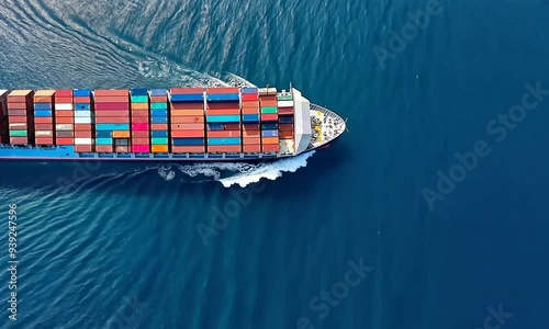 A massive cargo ship navigates through the deep blue waters, carrying a vibrant load of containers. The clear skies create a serene backdrop for this busy maritime activity