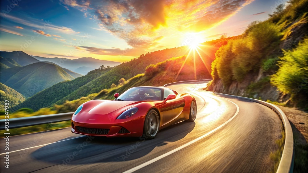 Vibrant red sports car speeding down a winding road, sunlight glinting ...