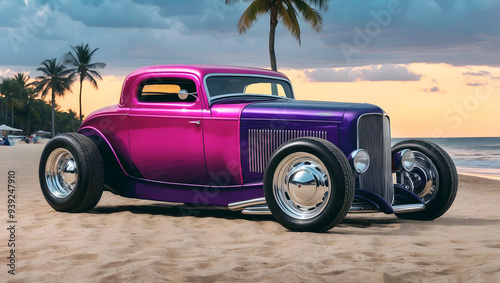 Beautiful unique pink purple vintage hot rod car, automotive background, tuning template, wallpaper, auto transport	