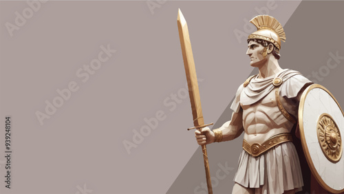 illustration of a statue of a Roman man holding a sword and shield, vector flat design 