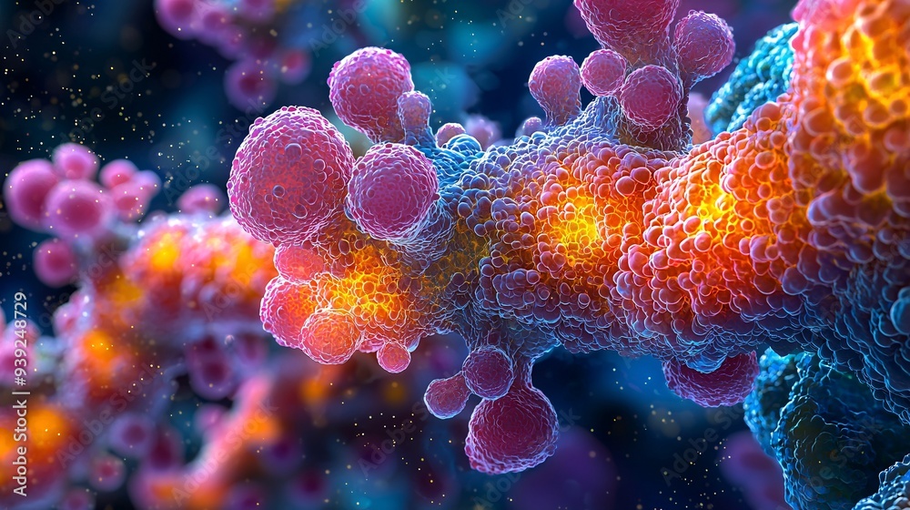 A detailed microscopic view of the RSV virus structure, highlighting the fusion proteins responsible for cell entry. A detailed microscopic view of the RSV virus structure, highlighting the fusion proteins responsible for cell entry.