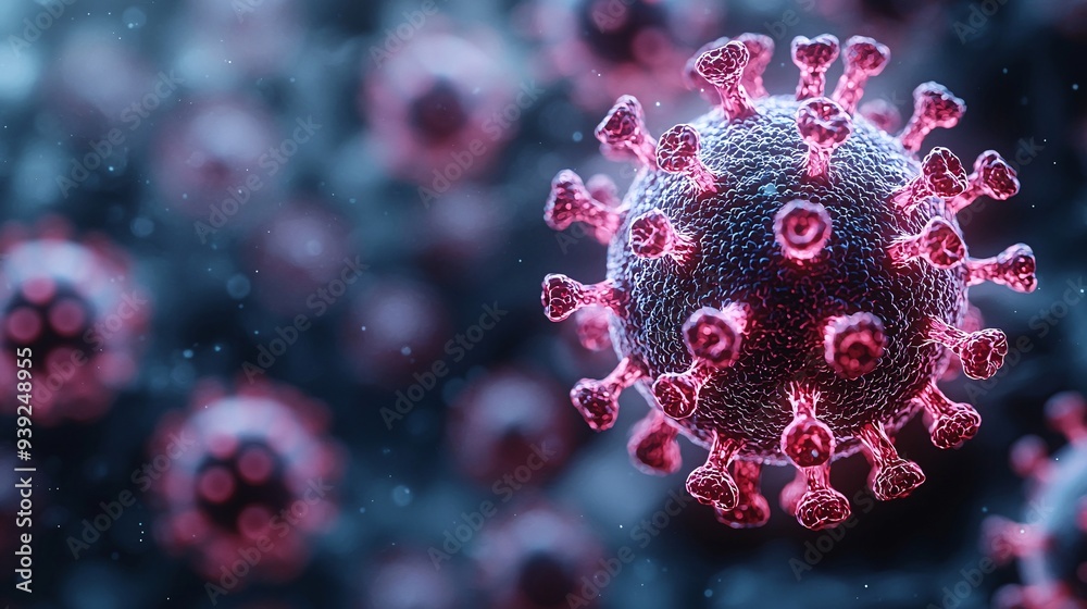 A close-up of an RSV virus particle attaching to a lung cell, showcasing the viral invasion process under a microscope. A close-up of an RSV virus particle attaching to a lung cell, showcasing the viral invasion process under a microscope.
