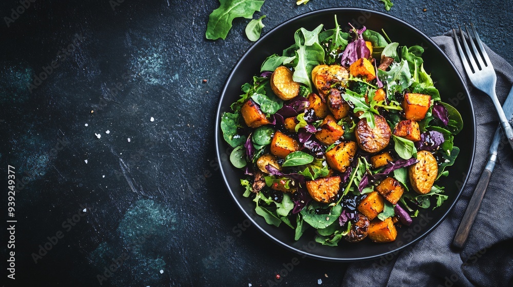 A flat lay of a seasonal autumnal salad, with roasted root vegetables, fresh greens, and a maple balsamic dressing, on a dark background A flat lay of a seasonal autumnal salad, with roasted root vegetables, fresh greens, and a maple balsamic dressing, on a dark background