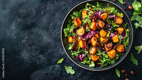 A flat lay of a seasonal autumnal salad, with roasted root vegetables, fresh greens, and a maple balsamic dressing, on a dark background