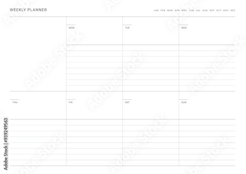 A weekly plan design template in a modern, simple, and minimalist style. Note, scheduler, diary, calendar, planner document template illustration.
