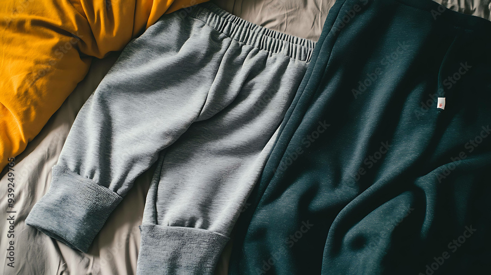 A pair of grey sweatpants and a dark blue sweatshirt lie on a bed. A pair of grey sweatpants and a dark blue sweatshirt lie on a bed.