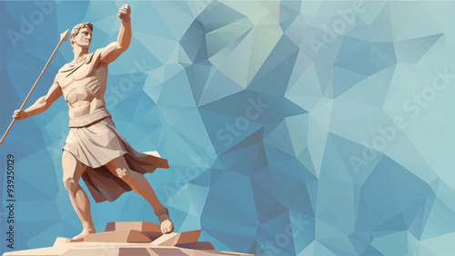 illustration of a statue of a Roman man holding a sword and shield, vector flat design 