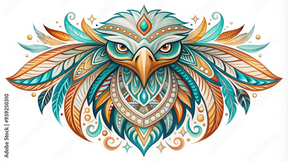 Obraz premium Vibrant stylized tribal logo featuring a majestic eagle's feather, adorned with intricate patterns and swirls, in shades of turquoise, orange, and cream, on a white background.