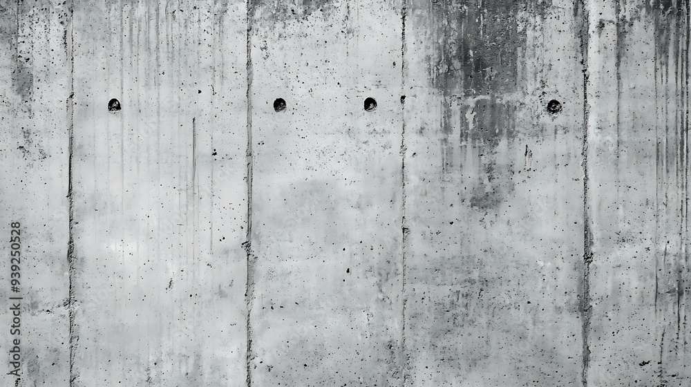 Gray concrete wall with vertical lines and holes.