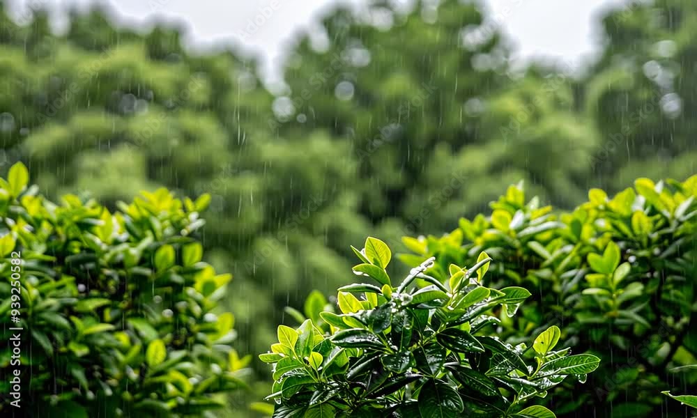 Soft rain refreshes lush greenery as droplets cascade from the leaves, creating a peaceful atmosphere in a vibrant outdoor park during summer Soft rain refreshes lush greenery as droplets cascade from the leaves, creating a peaceful atmosphere in a vibrant outdoor park during summer