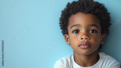 A sweet child with curly hair contemplates quietly in a peaceful environment