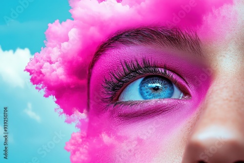 A striking image depicting a close-up of an eye with a bright blue iris, juxtaposed against a dramatic sky background filled with pink clouds. It symbolizes dreaminess and surreal visions. photo