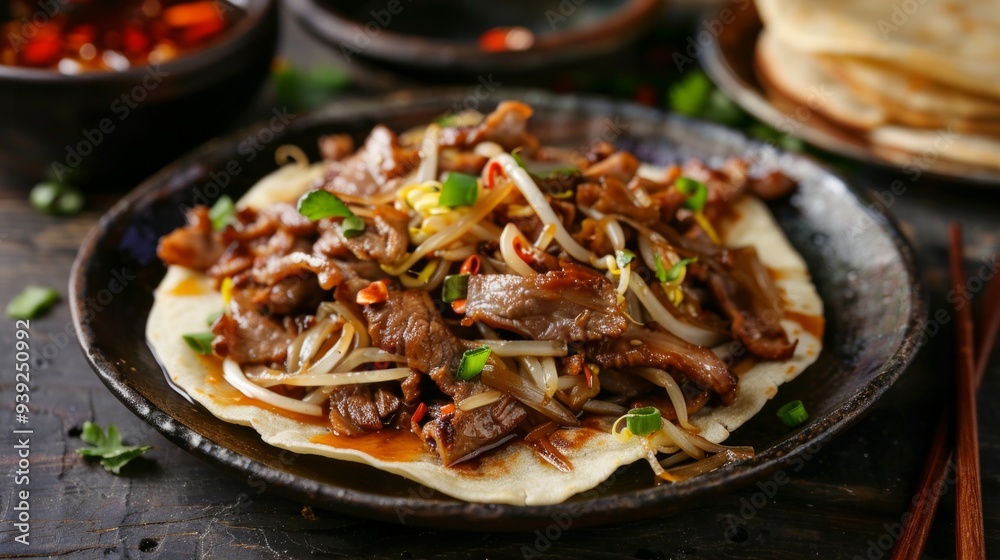 Moo shu pork recipe with vegetables and mushrooms close-up in a plate on the table. Moo shu pork recipe with vegetables and mushrooms close-up in a plate on the table.
