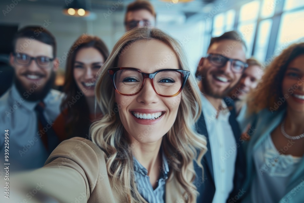 Group of professionals smiling for a photo, capturing moments for social media profiles while enjoying each others company in a workplace setting