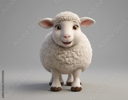 High resolution cute smiling sheep with wool 3d character image, Sheep 3d illustration image.  photo