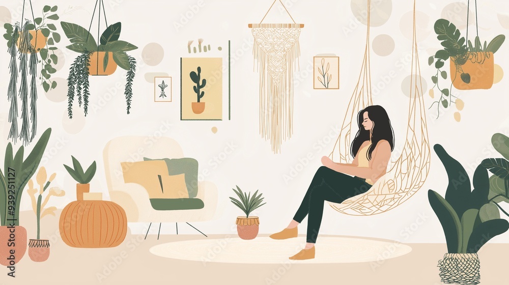 A woman is sitting in a hammock in a room full of plants. The room is decorated with various potted plants and a vase. The woman is enjoying her time in the room, Generative ai illustration. A woman is sitting in a hammock in a room full of plants. The room is decorated with various potted plants and a vase. The woman is enjoying her time in the room, Generative ai illustration.