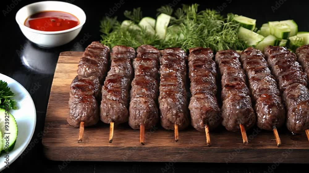 Delicious grilled skewers featuring marinated meat, fresh herbs, and side vegetables arranged elegantly for a perfect meal. Delicious grilled skewers featuring marinated meat, fresh herbs, and side vegetables arranged elegantly for a perfect meal.
