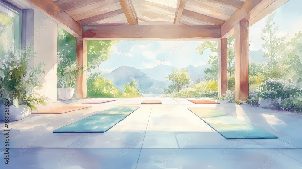 Fototapeta premium A yoga studio with a view of mountains