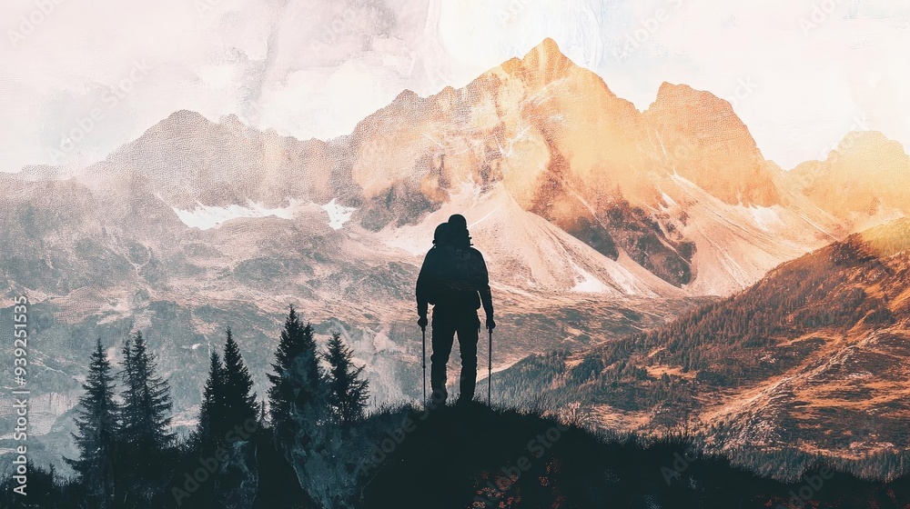 A solitary hiker stands atop a mountain, overlooking a breathtaking sunrise in a serene landscape of towering peaks and forest.