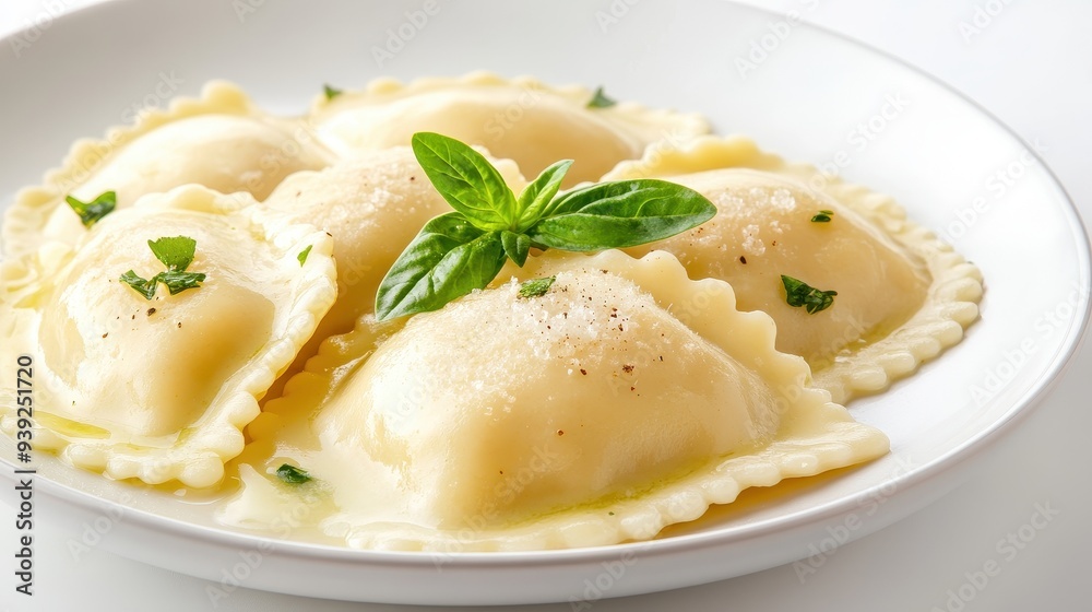A plate of pasta with a green leaf on top A plate of pasta with a green leaf on top
