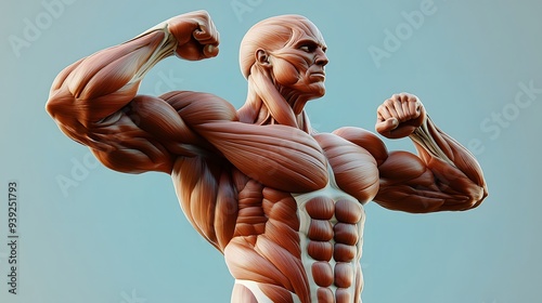 Muscular System in a Flexed Pose: A strong, flexed pose showcasing the muscular system, with detailed rendering of the biceps, triceps, and chest muscles.