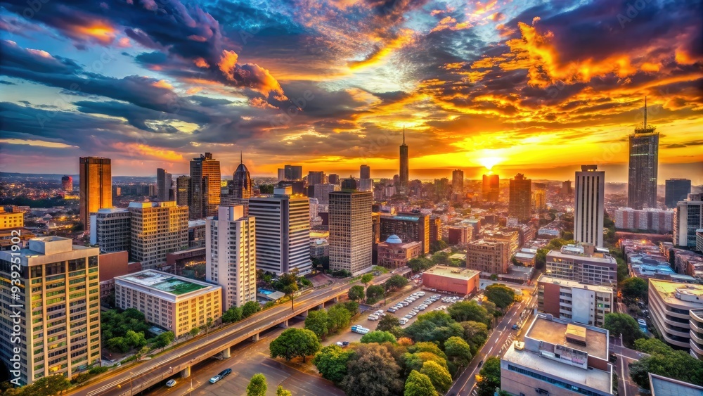 Fototapeta premium Vibrant sunsets cast a warm glow on sleek skyscrapers and bustling streets of Johannesburg, South Africa, showcasing the city's modern urban landscape.