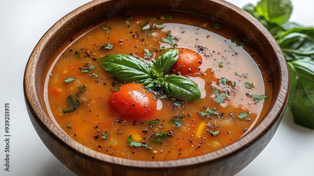 A comforting bowl of tomato basil soup topped with fresh herbs and cherry tomatoes A comforting bowl of tomato basil soup topped with fresh herbs and cherry tomatoes