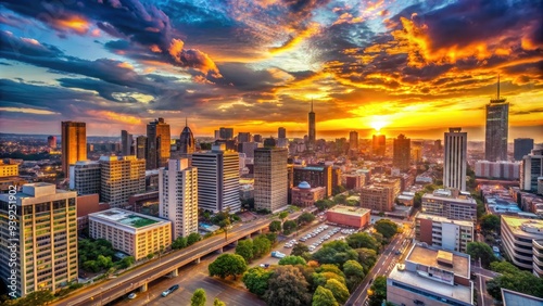 Vibrant sunsets cast a warm glow on sleek skyscrapers and bustling streets of Johannesburg, South Africa, showcasing the city's modern urban landscape.
